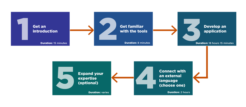 1, Intro. 2, Get familiar with tools. 3, Develop an app. 4, Connect with external language, 5. expand expertise.